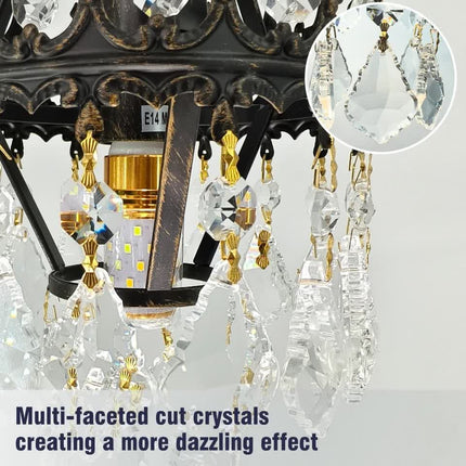Vintage Wall Light Sconce with Clear Crystals, Black and Gold Glass Wall Lamp, 3-Mode Dimmable LED E14 Lighting Fixture for Home, Bathroom, Dining Room, Hallway.