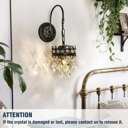 Vintage Wall Light Sconce with Clear Crystals, Black and Gold Glass Wall Lamp, 3-Mode Dimmable LED E14 Lighting Fixture for Home, Bathroom, Dining Room, Hallway.