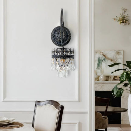 Vintage Wall Light Sconce with Clear Crystals, Black and Gold Glass Wall Lamp, 3-Mode Dimmable LED E14 Lighting Fixture for Home, Bathroom, Dining Room, Hallway.