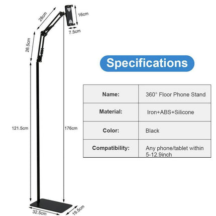 360 Tablet Floor Stand Adjustable 5-12.9 Inch Overhead Phone Desktop Holder.