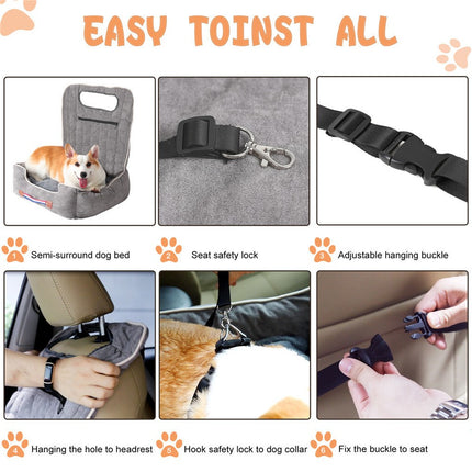 Large Cozy Dog Car Booster Double-Side Cushion Pet Travel Bed with Adjustable Strap.