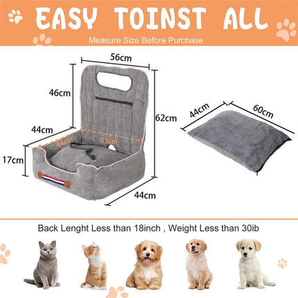 Large Cozy Dog Car Booster Double-Side Cushion Pet Travel Bed with Adjustable Strap.