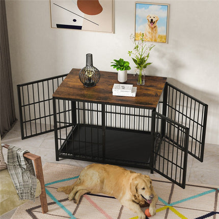 Black Large Sturdy Wooden Dog Crate with Tray.