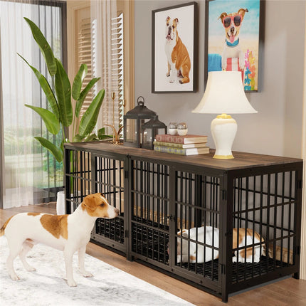 P&P Black Walnut XL Dog Crate with Wooden Furniture Style, 3-Door Entry and Slide Out Tray.