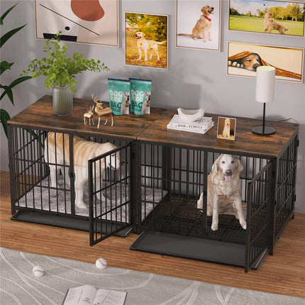 P&P Black Walnut XL Dog Crate with Wooden Furniture Style, 3-Door Entry and Slide Out Tray.