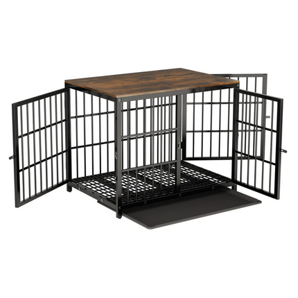 P&P Black Walnut Dog Crate with Wooden Furniture Style, 3-Door Entry and Slide Out Tray.