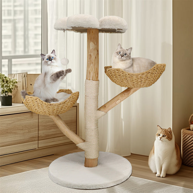 Solid Wood Cat Tree with 3 Branches & Baskets.