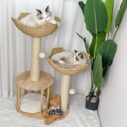 P&P Natural Wood White 3-Tier Cat Tower with Scratching Post, Condo and Plush Baskets.