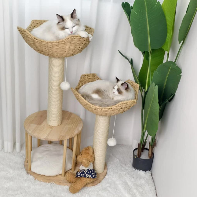 P&P Natural Wood White 3-Tier Cat Tower with Scratching Post, Condo and Plush Baskets.