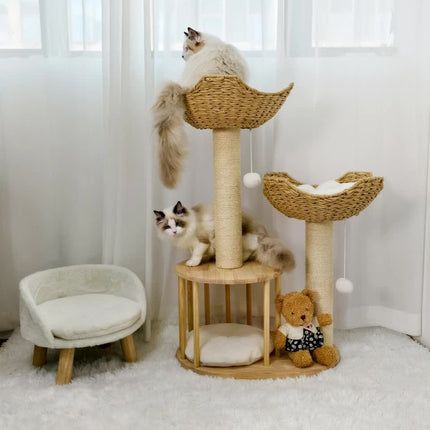 P&P Natural Wood White 3-Tier Cat Tower with Scratching Post, Condo and Plush Baskets.