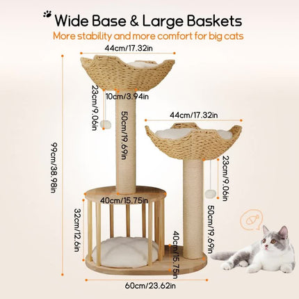 P&P Natural Wood White 3-Tier Cat Tower with Scratching Post, Condo and Plush Baskets.