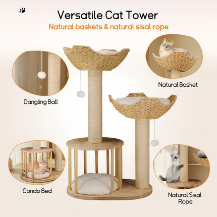 P&P Natural Wood White 3-Tier Cat Tower with Scratching Post, Condo and Plush Baskets.