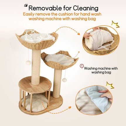 P&P Natural Wood White 3-Tier Cat Tower with Scratching Post, Condo and Plush Baskets.