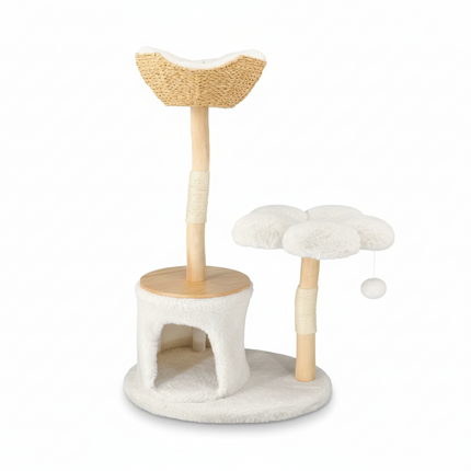 P&P Natural Wood White Cat Tree Tower with Basket, Condo and Sisal Scratching Posts.