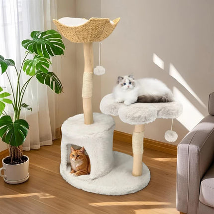 P&P Natural Wood White Cat Tree Tower with Basket, Condo and Sisal Scratching Posts.