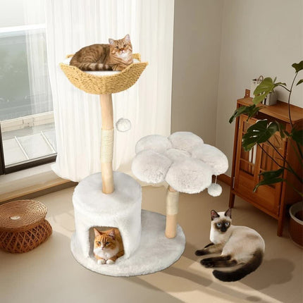 P&P Natural Wood White Cat Tree Tower with Basket, Condo and Sisal Scratching Posts.