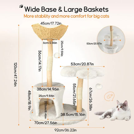 P&P Natural Wood White Cat Tree Tower with Basket, Condo and Sisal Scratching Posts.