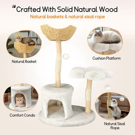 P&P Natural Wood White Cat Tree Tower with Basket, Condo and Sisal Scratching Posts.
