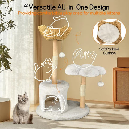 P&P Natural Wood White Cat Tree Tower with Basket, Condo and Sisal Scratching Posts.