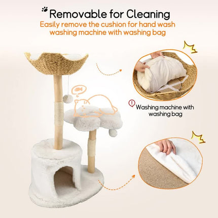 P&P Natural Wood White Cat Tree Tower with Basket, Condo and Sisal Scratching Posts.