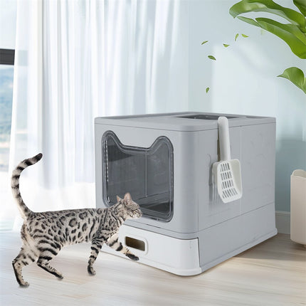 Stainless Steel Enclosed Cat Litter Box Top Exit Pet Toilet Box w/ Litter Scoop.