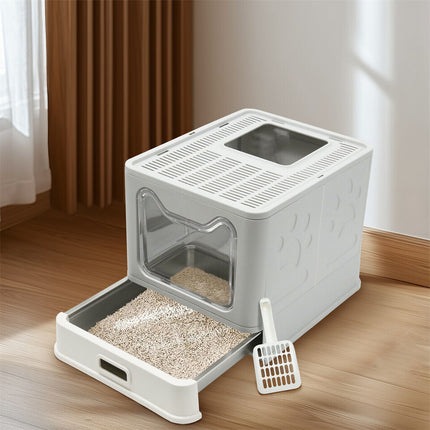 Stainless Steel Enclosed Cat Litter Box Top Exit Pet Toilet Box w/ Litter Scoop.