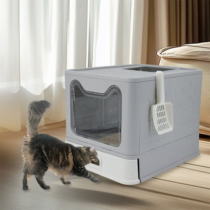 Stainless Steel Enclosed Cat Litter Box Top Exit Pet Toilet Box w/ Litter Scoop.