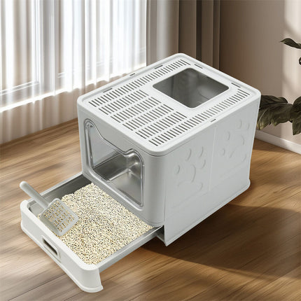 Stainless Steel Enclosed Cat Litter Box Top Exit Pet Toilet Box w/ Litter Scoop.