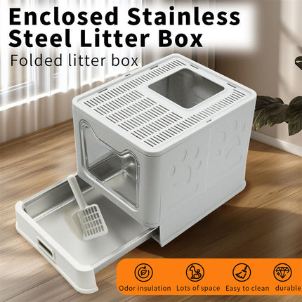 Stainless Steel Enclosed Cat Litter Box Top Exit Pet Toilet Box w/ Litter Scoop.