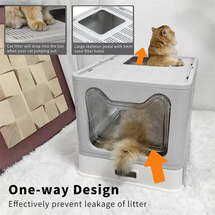 Stainless Steel Enclosed Cat Litter Box Top Exit Pet Toilet Box w/ Litter Scoop.