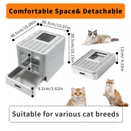 Stainless Steel Enclosed Cat Litter Box Top Exit Pet Toilet Box w/ Litter Scoop.