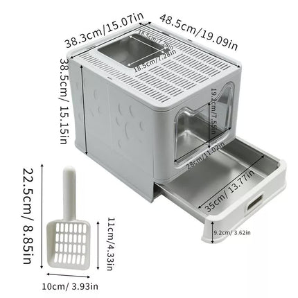 Stainless Steel Enclosed Cat Litter Box Top Exit Pet Toilet Box w/ Litter Scoop.