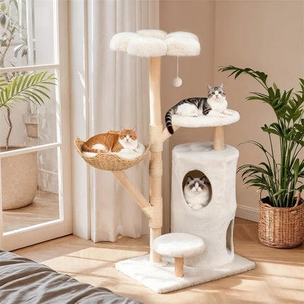 142cm Large Tall Cat Tree Tower with Soft Flower Perch & Condo - Multi-Level Cat Furniture for Kittens & Adult Cats.