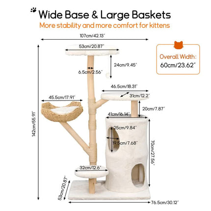142cm Large Tall Cat Tree Tower with Soft Flower Perch & Condo - Multi-Level Cat Furniture for Kittens & Adult Cats.