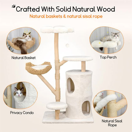 142cm Large Tall Cat Tree Tower with Soft Flower Perch & Condo - Multi-Level Cat Furniture for Kittens & Adult Cats.