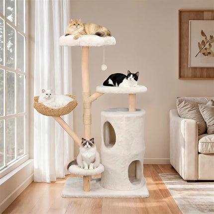 142cm Large Tall Cat Tree Tower with Soft Flower Perch & Condo - Multi-Level Cat Furniture for Kittens & Adult Cats.