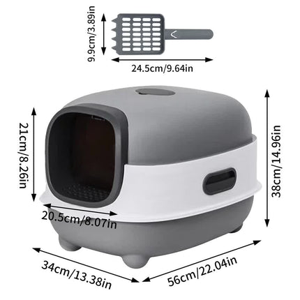 Large Capacity Enclosed Cat Litter Box with Hood and Scoop, Leak-Proof Design.