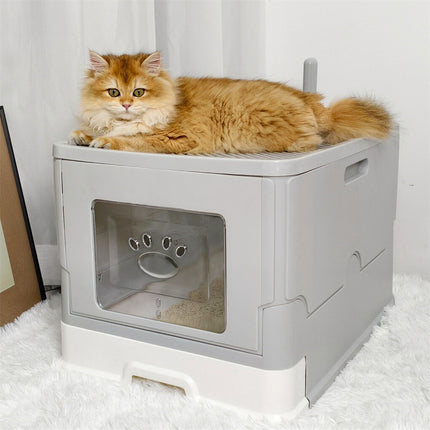 Large Enclosed Cat Litter Box Foldable Cat Kitten Toilet Box with Slide-Out Tray.