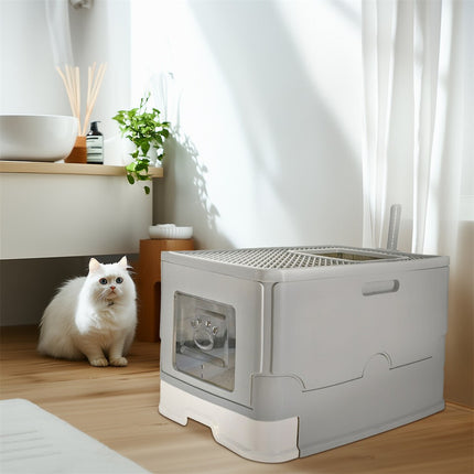 Large Enclosed Cat Litter Box Foldable Cat Kitten Toilet Box with Slide-Out Tray.