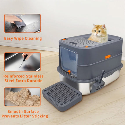 P&P Jumbo Stainless Steel Cat Litter Box for Multi-Cats Large Toilet Box with Removable Lid.