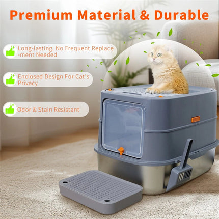 P&P Jumbo Stainless Steel Cat Litter Box for Multi-Cats Large Toilet Box with Removable Lid.