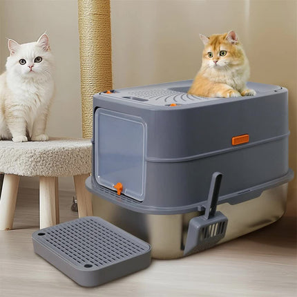 P&P Jumbo Stainless Steel Cat Litter Box for Multi-Cats Large Toilet Box with Removable Lid.