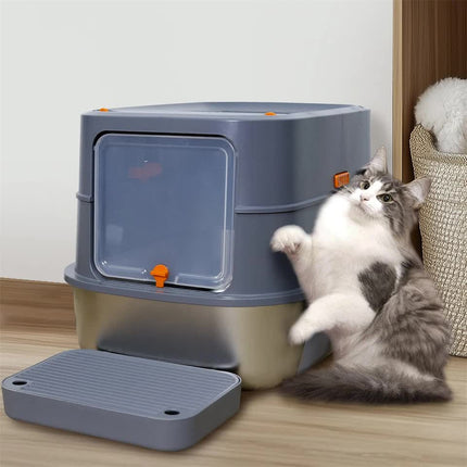 P&P Jumbo Stainless Steel Cat Litter Box for Multi-Cats Large Toilet Box with Removable Lid.
