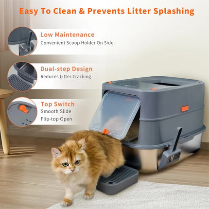 P&P Jumbo Stainless Steel Cat Litter Box for Multi-Cats Large Toilet Box with Removable Lid.