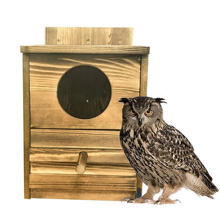 Large Wooden Screech Owl House Nesting Box with Perch - Outdoor Birdhouse for Garden Trees.