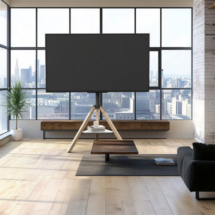 FIN 32-75 Inch Swivel Tripod TV Stand Stable Wooden Legs TV Mount with Marble Shelf.