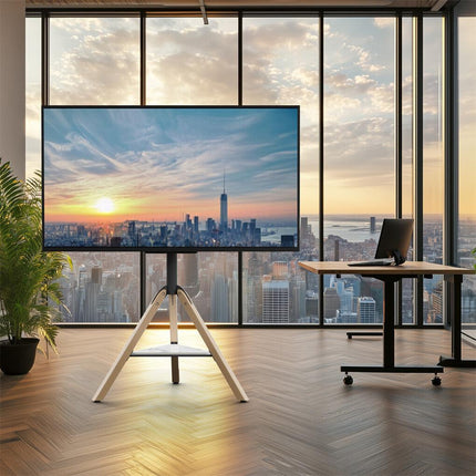 FIN 32-75 Inch Swivel Tripod TV Stand Stable Wooden Legs TV Mount with Marble Shelf.