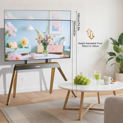 40-86 Inch Large Modern TV Floor Stand Mount - Height Adjustable LED LCD OLED Display Bracket with Trapezoidal Frame.
