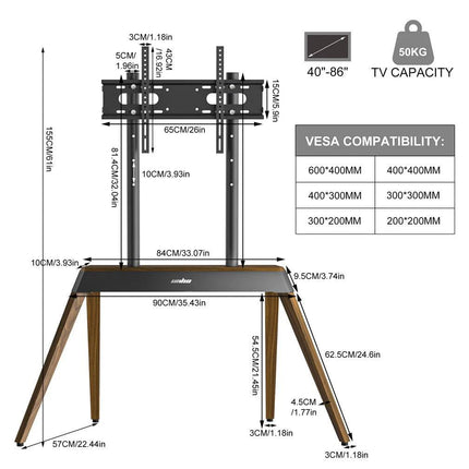 40-86 Inch Large Modern TV Floor Stand Mount - Height Adjustable LED LCD OLED Display Bracket with Trapezoidal Frame.