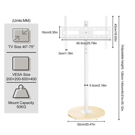 40-75 Inches Rolling TV Floor Stand Heavy Duty Steel TV Cart Mount with Hidden Wheels, Height Adjustable Free-Standing TV Bracket with Wooden Base for Flat Screen TVs.